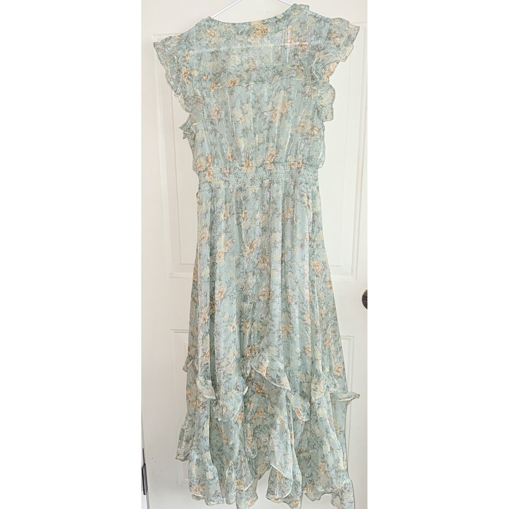 By the River Floral Maxi Dress Medium Blue Ruffle Boho Chiffon Lined Cottagecore - Picture 2 of 11